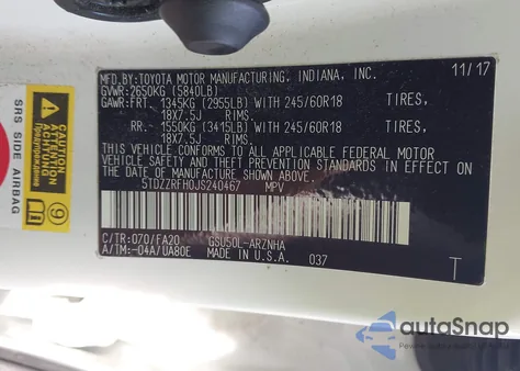 2018 Toyota Highlander Le Plus из США, поврежденный, VIN 5TDZZRFH0JS240467